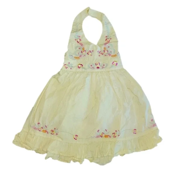 BLUEBERI BOULEVARD Yellow Halter Button Dress with Embroidered Flowers - Picture 1 of 7